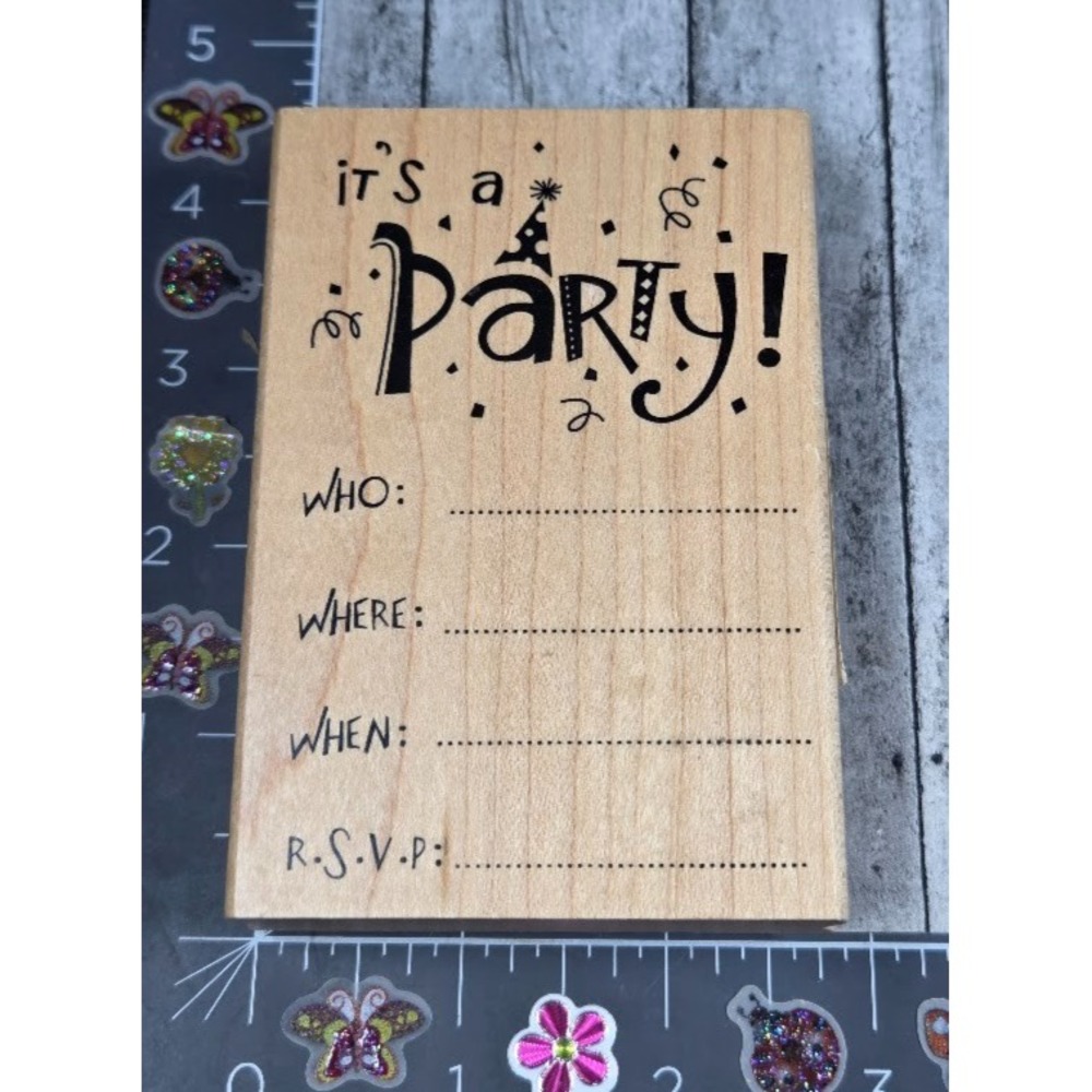 Inkadinkado It's A Party Invitation Who Where RSVP Rubber Stamp Wood #P113